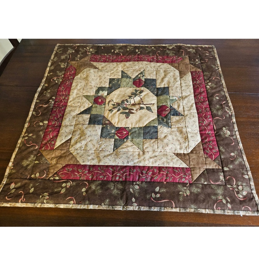Quilted Table Topper Home 30x30 Brown Rustic Bird Star Patchwork